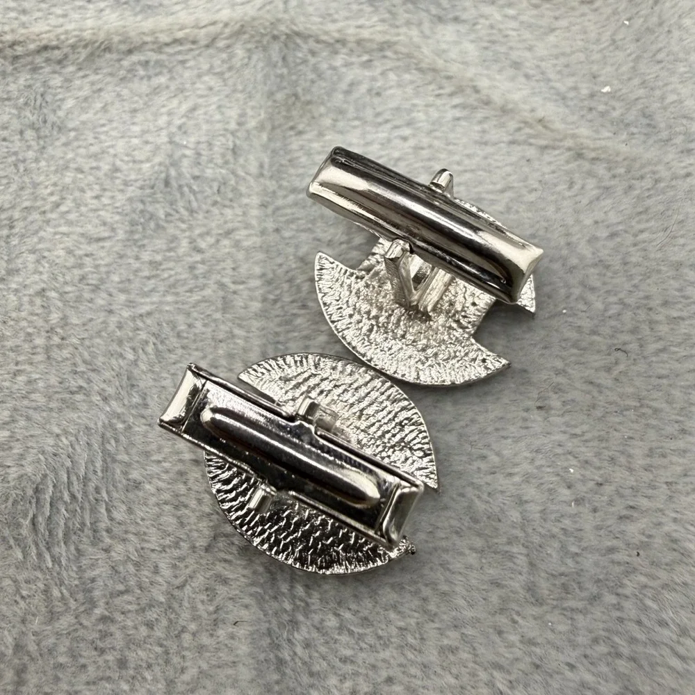 Vintage Cufflink‎ Tiebar Clip Set Silver Tone Blue Rhinestone